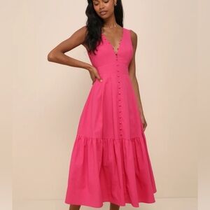 Blissful Afternoon Hot Pink Linen Tie-Back Midi Dress